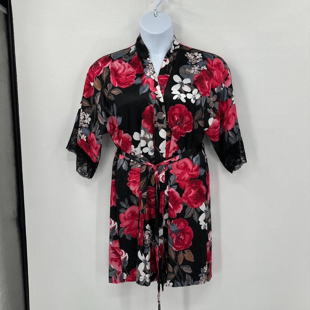 Floral Kimono Robe Small Black Red Roses Belted Boho Romantic Satin